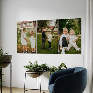 three vertical wooden family portraits displayed as gallery wall featuring children in matching outfits parents and siblings surrounded by indoor plants and blue accent chair in modern living space