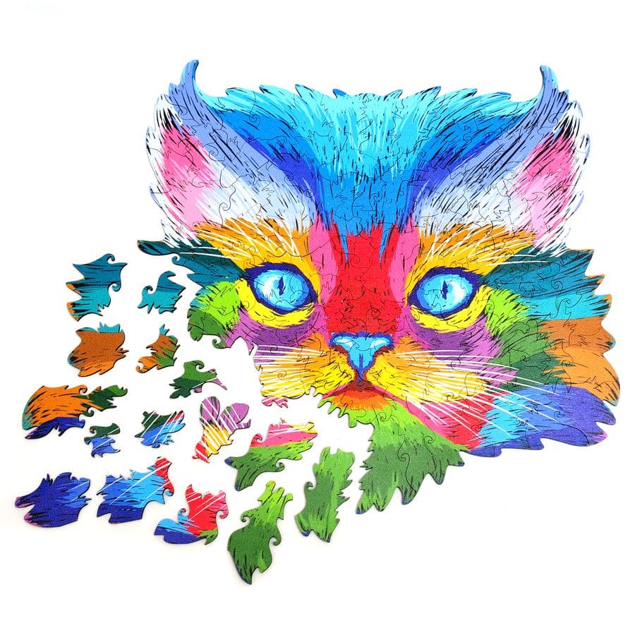 Colorful Wooden Cat Puzzle 'MiMi Kitty' - Unique Shape Jigsaw for Adults and Kids
