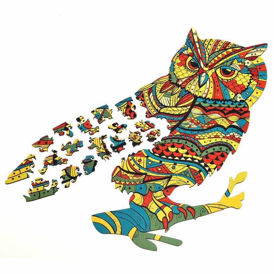 Colorful Wooden Owl Puzzle 'Wisdom's Kaleidoscope' - Unique Shape Jigsaw for Adults and Kids