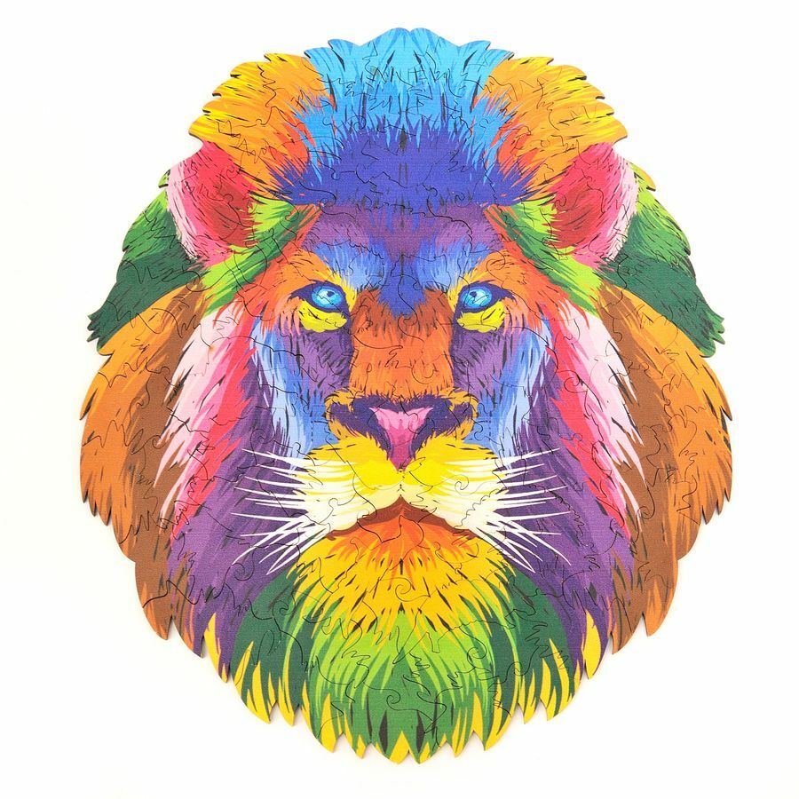 Colorful Wooden Lion Puzzle 'Rainbow Mane Majesty' - Unique Shape Jigsaw for Adults and Kids