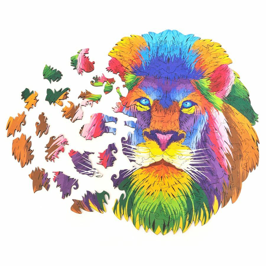 Colorful Wooden Lion Puzzle 'Rainbow Mane Majesty' - Unique Shape Jigsaw for Adults and Kids