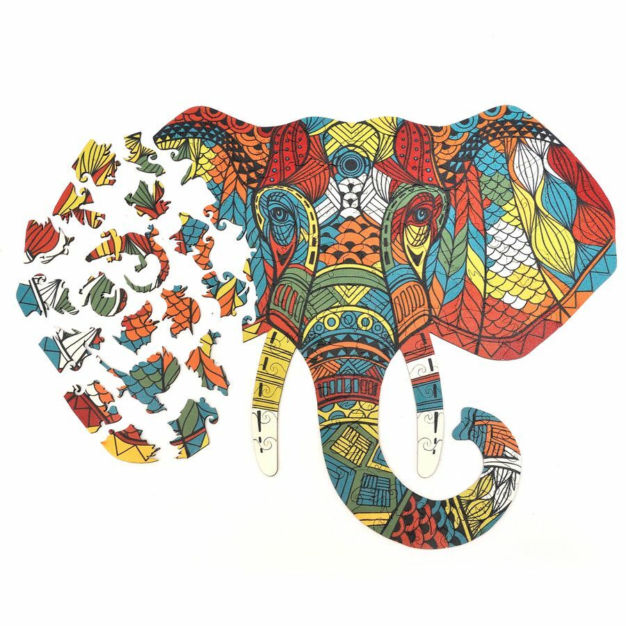 Colorful Wooden Elephant Puzzle 'Mosaic Mammoth' - Unique Shape Jigsaw for Adults and Kids