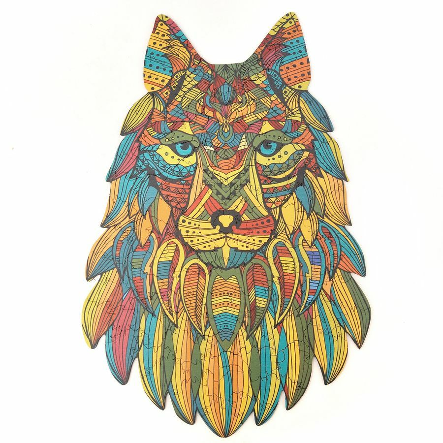 Colorful Wooden Wolf Puzzle 'Wild Spirit Mosaic' - Unique Shape Jigsaw for Adults and Kids