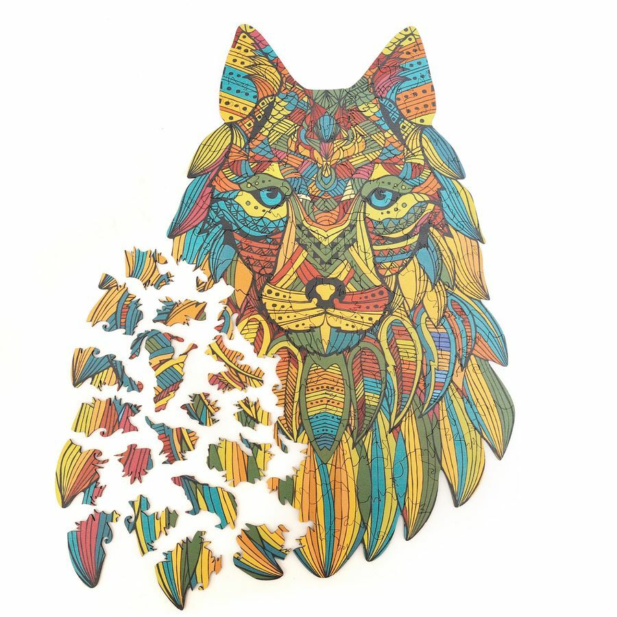 Colorful Wooden Wolf Puzzle 'Wild Spirit Mosaic' - Unique Shape Jigsaw for Adults and Kids