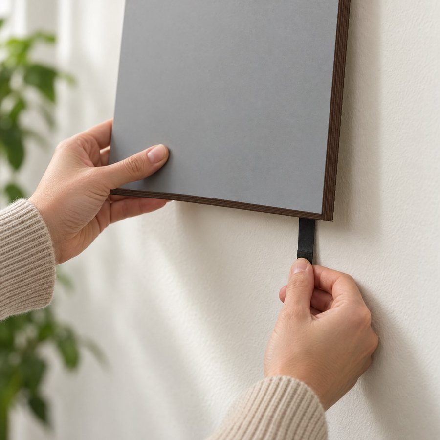 Klebestreifen wird zum Abnehmen langsam nach unten an der Wand entlang gezogen